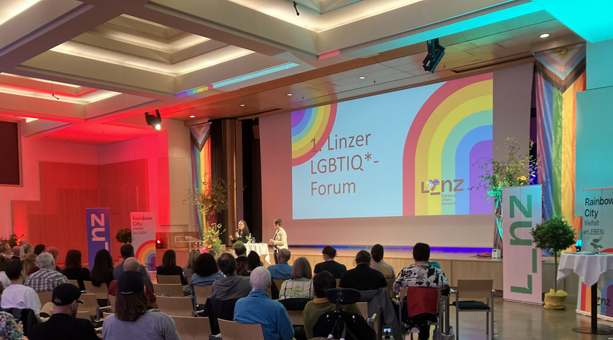 Auf dem Bild ist der Blick in den Tagungs-Saal beim Linzer LGBTIQ+ Forum 2024 zu sehen.