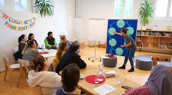 Auf der Abbildung sind mehrere Menschen auf Stühlen sitzend, sowie eine Vortagende, die im Familientreffpunkt ein Thema erörtert, zu sehen. Auf der Wand steht in bunten Buchstaben "Willkommen im Familientreff".