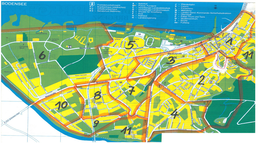 Diese Abbildung zeigt eine Karte, in welcher die verschiedenen Sprengel für die Müllabholung in Bregenz eingezeichnet sind.