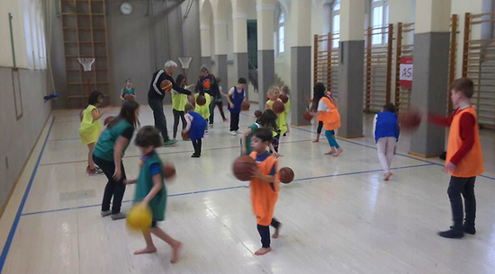 Hier wurden Kinder, welche in einer Sporthalle Basketball spielen, fotografiert.