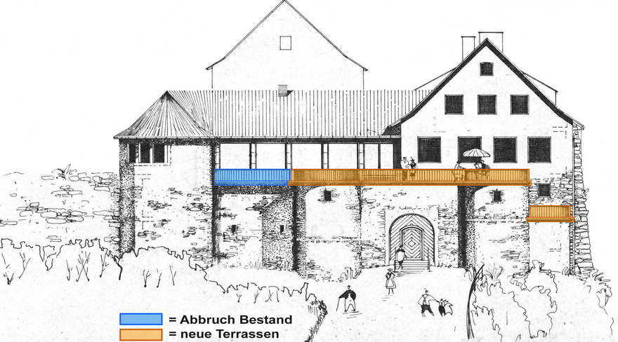 Diese Abbildung zeigt eine Skizze des Burgrestaurantes Gebhardsberg.