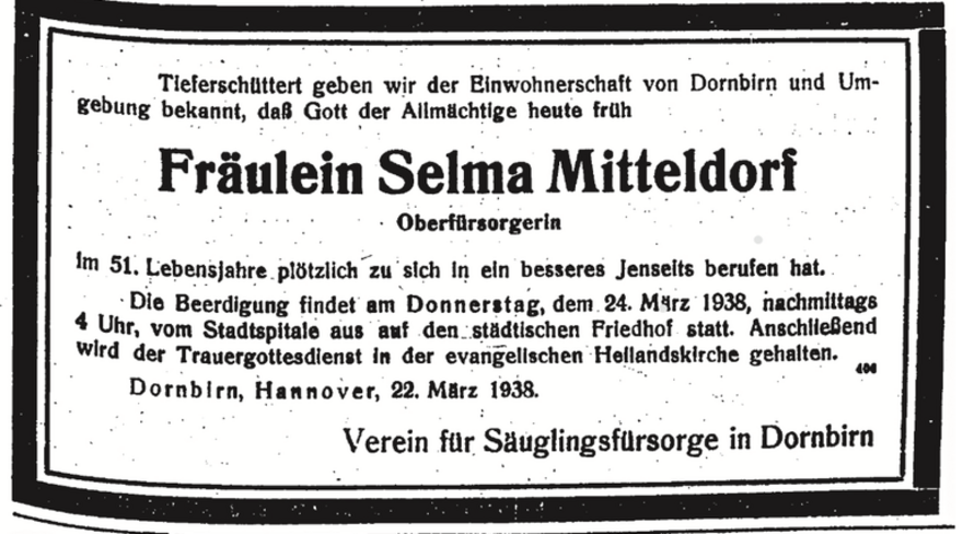 Das Bild zeigt die Todesanzeige von Selma Mitteldorf im Vorarlberger Tagblatt vom 23. März 1938.