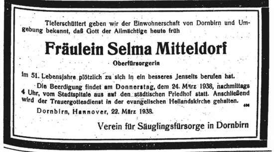 Das Bild zeigt die Todesanzeige von Selma Mitteldorf im Vorarlberger Tagblatt vom 23. März 1938.