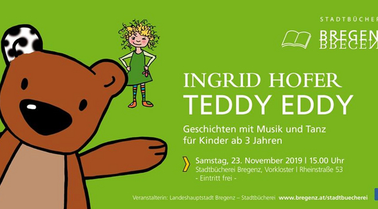 Diese Abbildung zeigt einen Flyer der Stadtbücherei Bregenz, welcher alle Informationen zum Besuch von Ingrid Hofer in der Stadtbücherei beinhaltet.