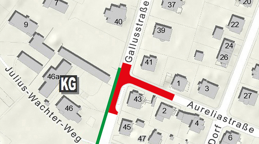 Auf dieser Abbildung ist ein Plan zu sehen, auf welchem der Bereich der Kreuzung Gallusstraße/Aureliastraße rot eingezeichnet ist.