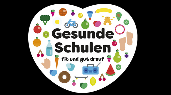 Diese Abbildung zeigt ein Logo, auf welchem "Gesunde Schule - fit und gut drauf" steht. Der Schriftzug ist von verschiedenen Symbolen umgeben.