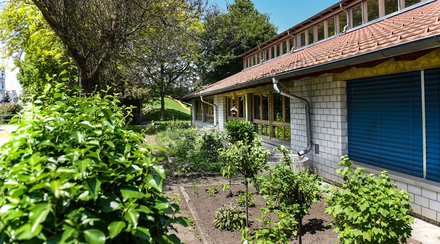 Diese Abbildung zeigt den Bereich vor dem Kindergarten Blumenegg. Direkt vor dem Gebäude befinden sich zwei Beete mit Erde, welche frisch bepflanzt wurden. Anschließend an die Beete ist eine kleine Hecke zu sehen.