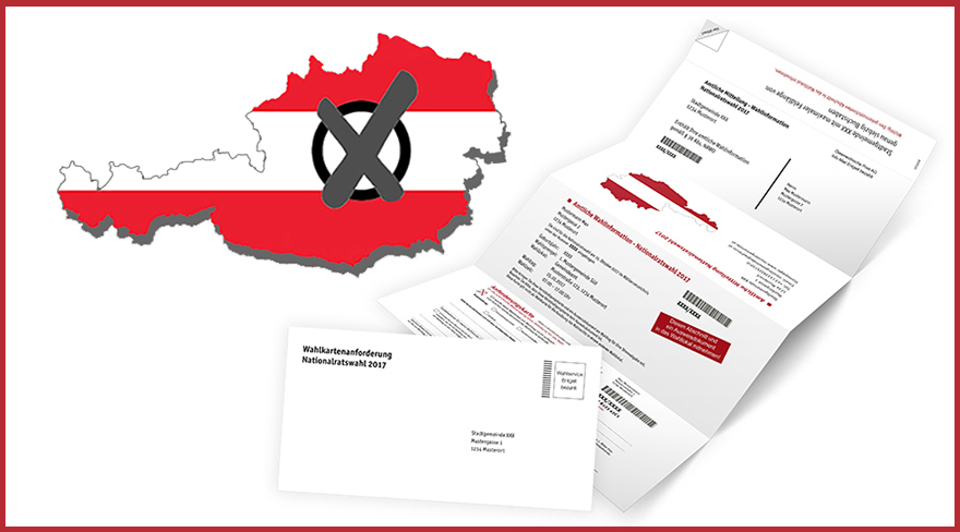 Diese Abbildung zeigt einen Wahlzettel mit Umschlag sowie einen Umriss von Österreich, welcher rot-weiß-rot bemalt ist.