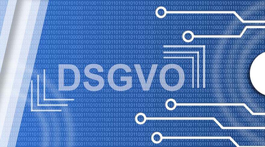 Diese Abbildung zeigt einen blauen Hintergrund mit "DSGVO" in der Mitte geschrieben.