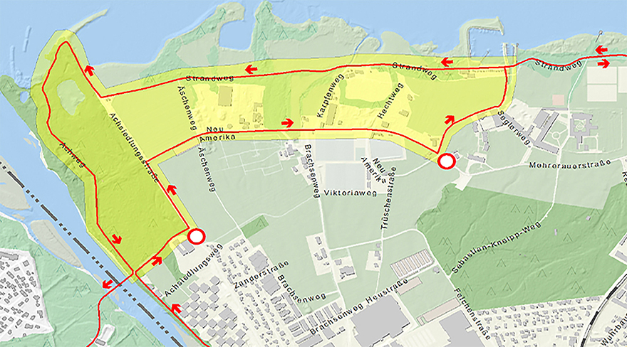 Diese Abbildung zeigt einen Plan, in welchem die Strecke des Dreiländermarathons in Bregenz eingezeichnet ist. 