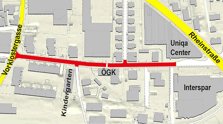 Diese Abbildung zeigt einen Plan, in welchem die Sperrung der Heldendankstraße rot eingezeichnet ist.