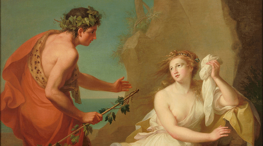 Diese Abbildung zeigt das Ölgemälde "Bacchus entdeckt die von Theseus verlassene Ariadne auf Naxos" von Angelika Kauffmann.